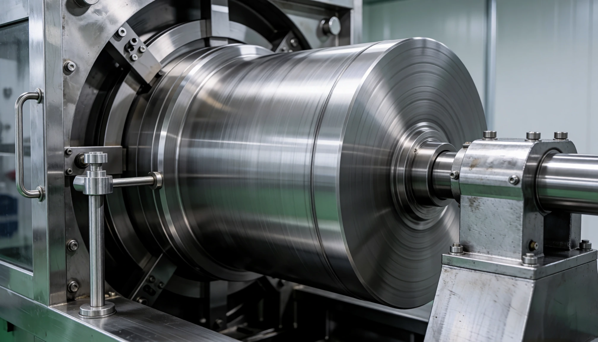 Rouleau cylindrique métallique en fonctionnement dans un atelier