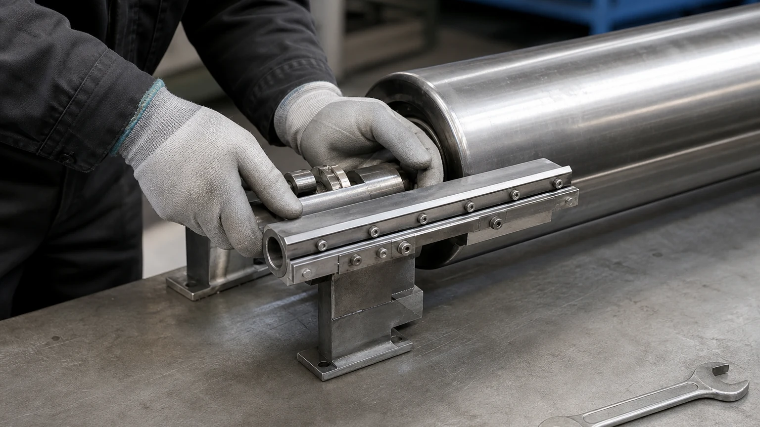 Technicien inspectant le racleur d’un rouleau industriel
