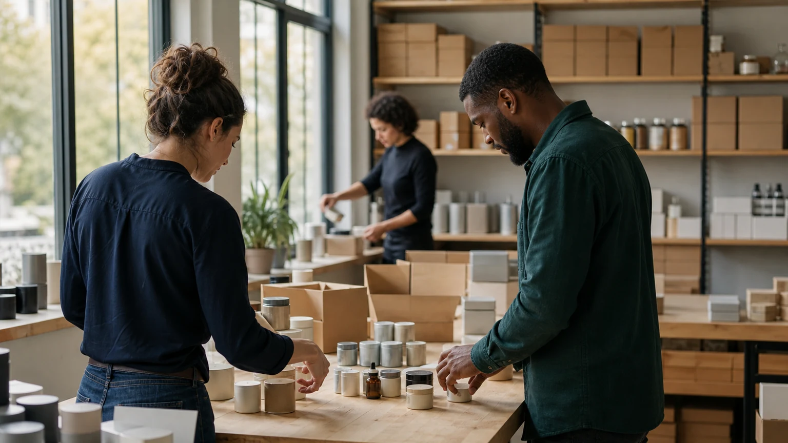 Équipe de petite entreprise préparant des produits pour ses clients